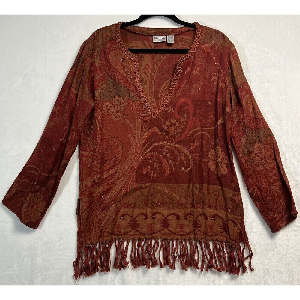 Chico’s Size 1 Oversized Pull Over Caftan Hippie Fringe Jacket (US M/8)